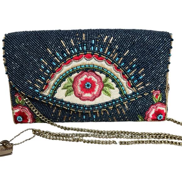 Mary Frances Blue Beaded Mystic Flap Crossbody Bag Gold Chain Crossbody - Picture 1 of 16